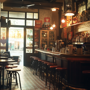 Interior de um bar vazio, com balcão de madeira, bancos de bar e prateleiras com bebidas espirituosas