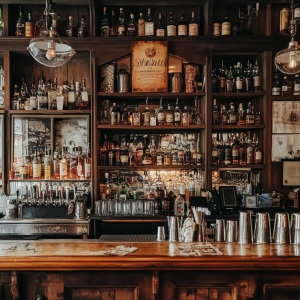 Well-stocked bar with dark wood shelving and rows of spirit bottles