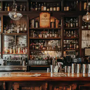 Well-stocked bar with dark wood shelving displaying rows of spirits and glassware