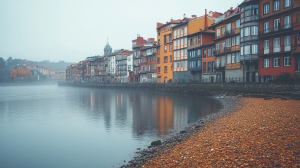 Colourful historic buildings lining the Douro riverbank in Porto on a misty morning