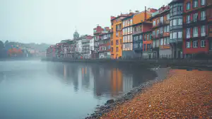 Colourful historic buildings reflected in the calm Douro River on a misty morning
