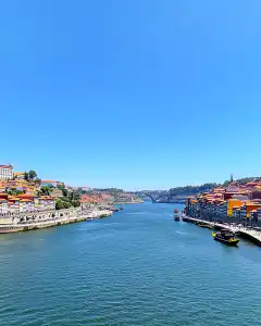 View along the Douro River with Porto's Ribeira district on the right and Vila Nova de Gaia on the left