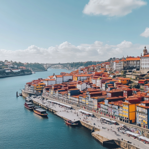 Aerial view of Porto's Ribeira district along the Douro River