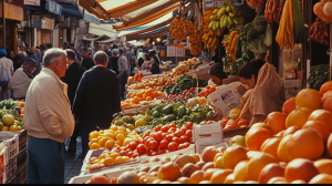Busy outdoor fruit and vegetable market stall with shoppers browsing colourful produce