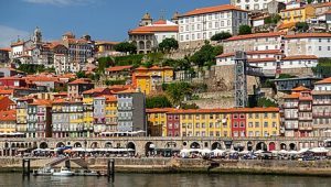 Colourful terraced buildings along the Ribeira waterfront in Porto