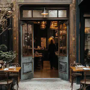 Rustic restaurant entrance with open double doors and outdoor terrace seating