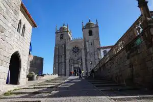 Porto Cathedral facade viewed from the approach staircase