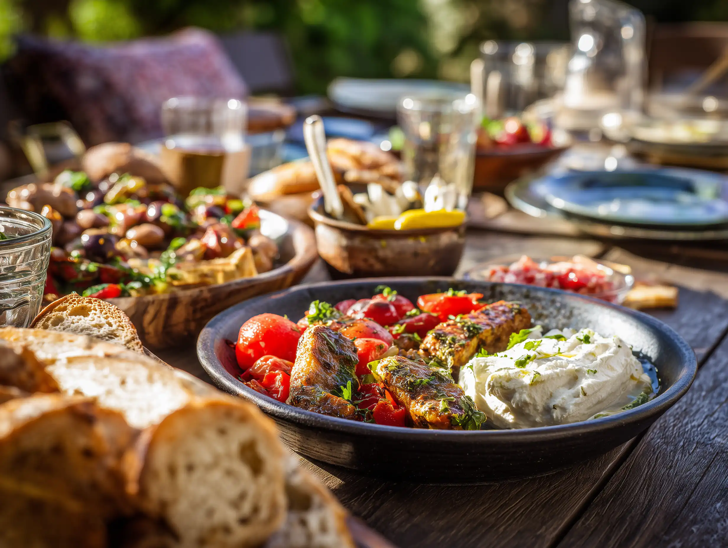 A Portuguese table laid with bread, cheese, olives and grilled fish in Porto