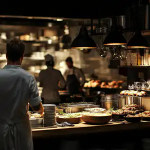 A chef and kitchen staff preparing dishes at a busy restaurant pass