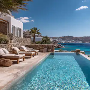 Luxury infinity pool overlooking a turquoise bay with whitewashed hillside buildings in the distance