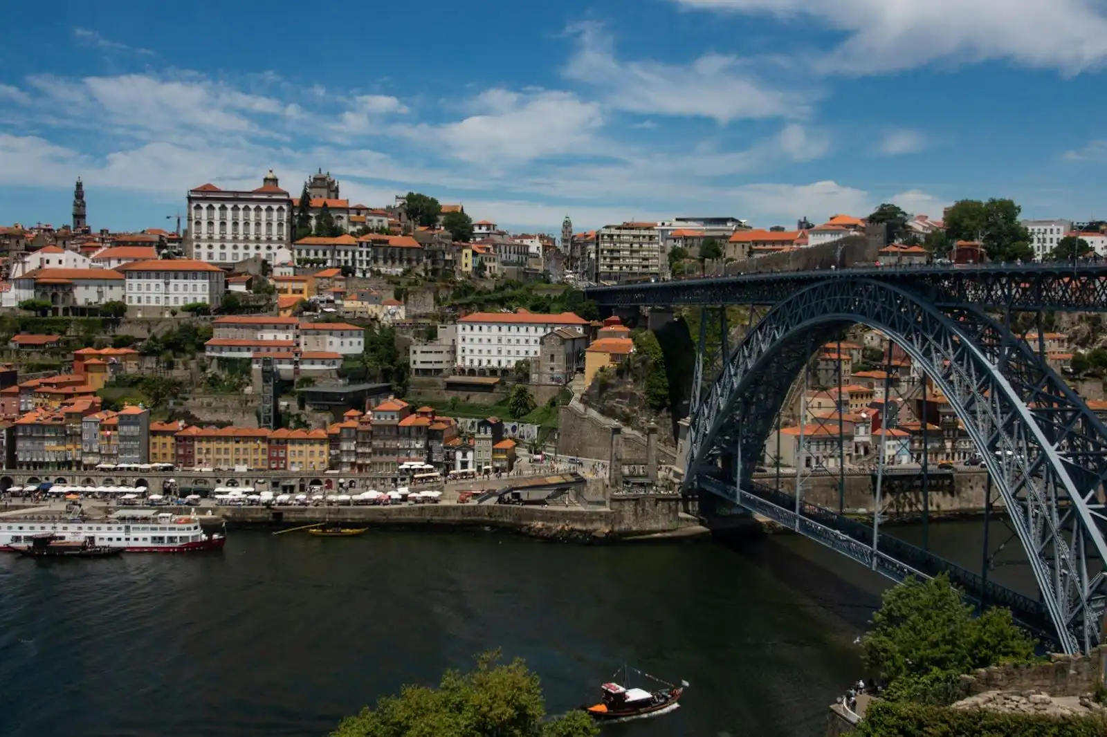 Ponte Luis I iron arch bridge over the Douro River with Porto's Ribeira district behind