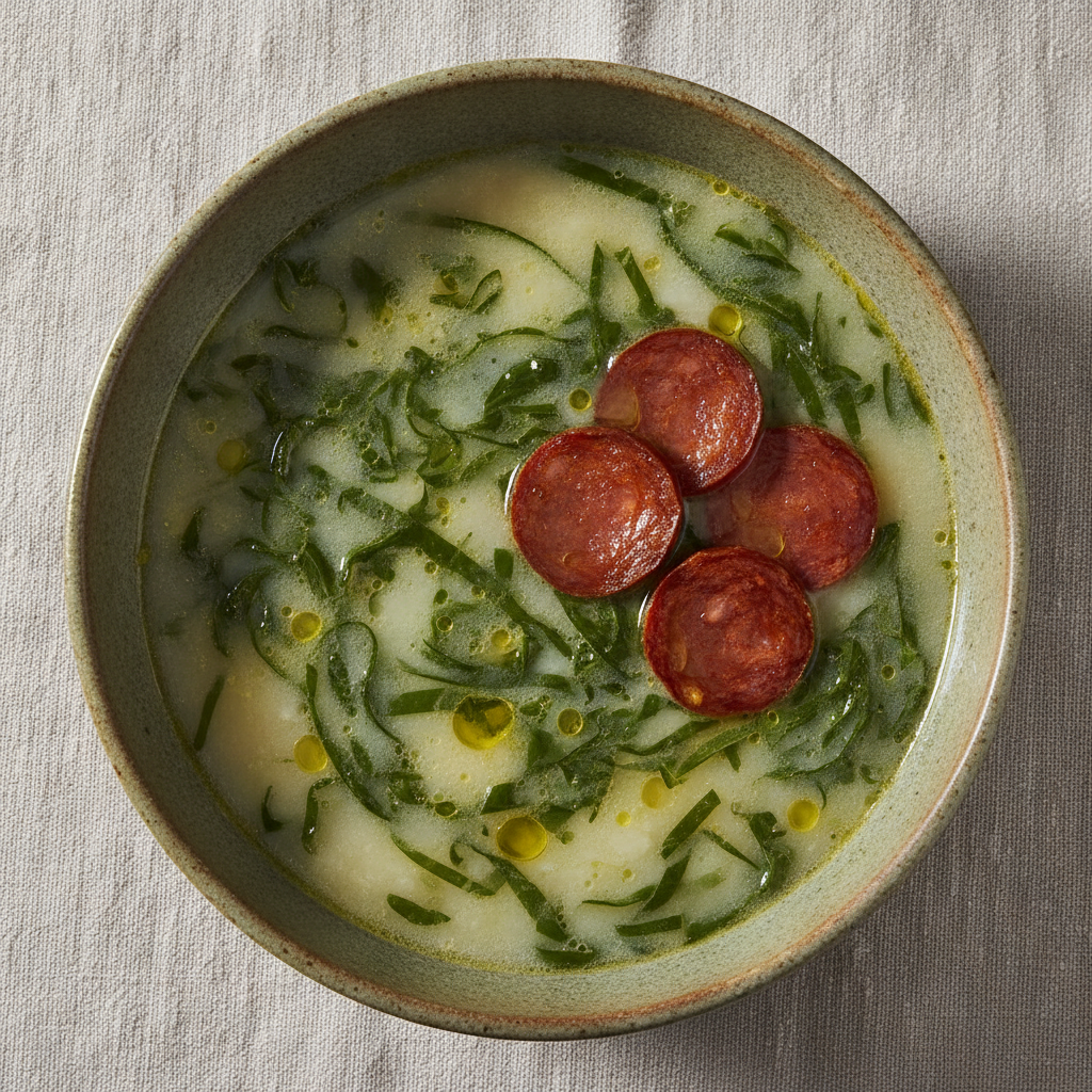 A bowl of caldo verde showing finely shredded kale ribbons and coins of smoked chourico