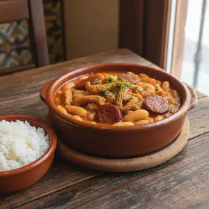 Tripas a moda do Porto served in a clay dish with white beans, chourico and a bowl of rice