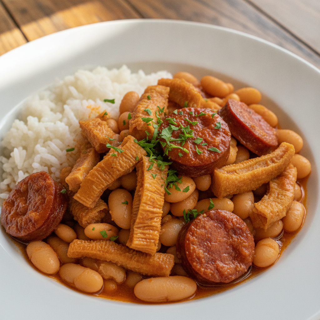 A plate of tripas a moda do Porto with white beans, tripe, chourico and white rice