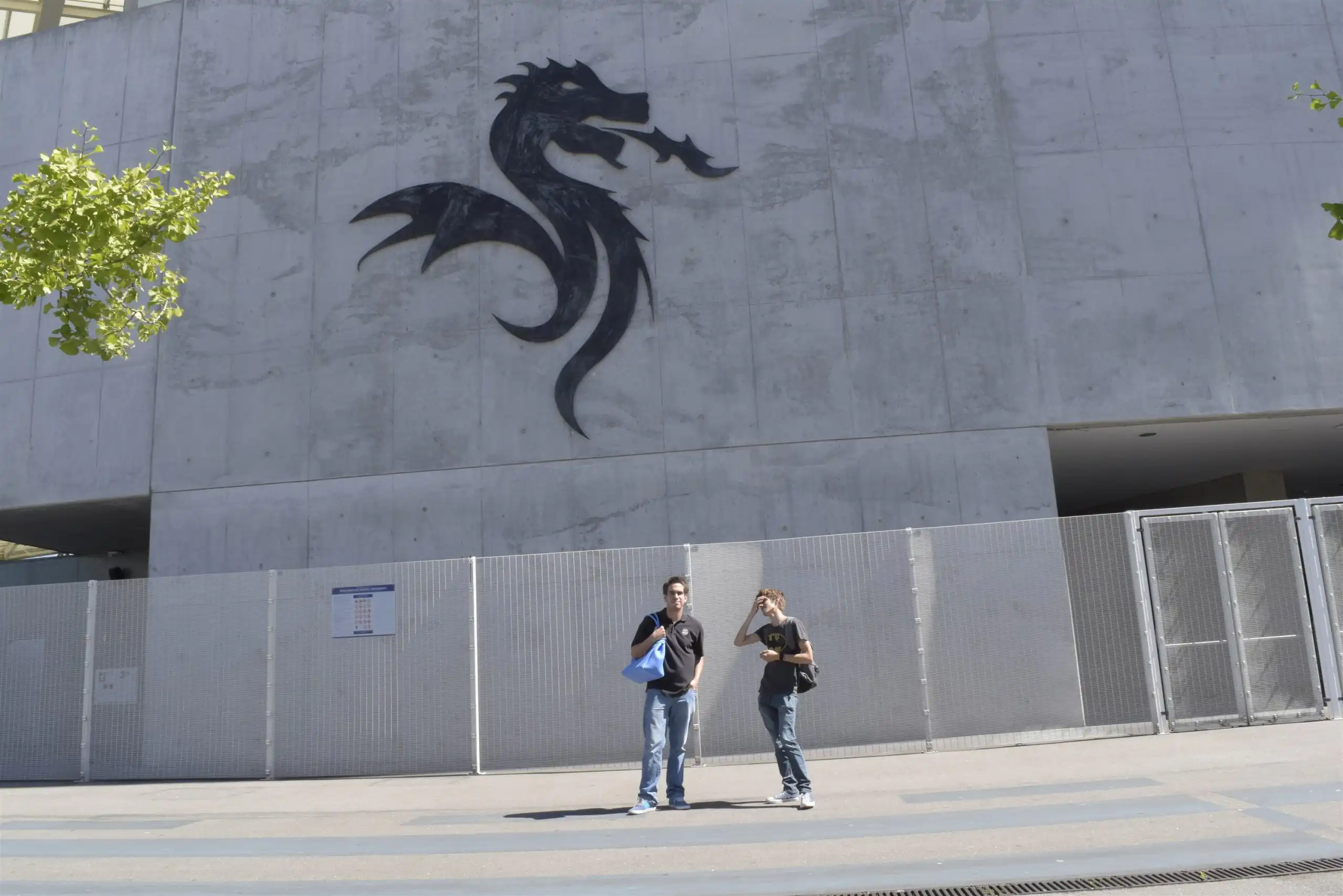The black dragon emblem painted on the concrete exterior wall of Estadio do Dragao