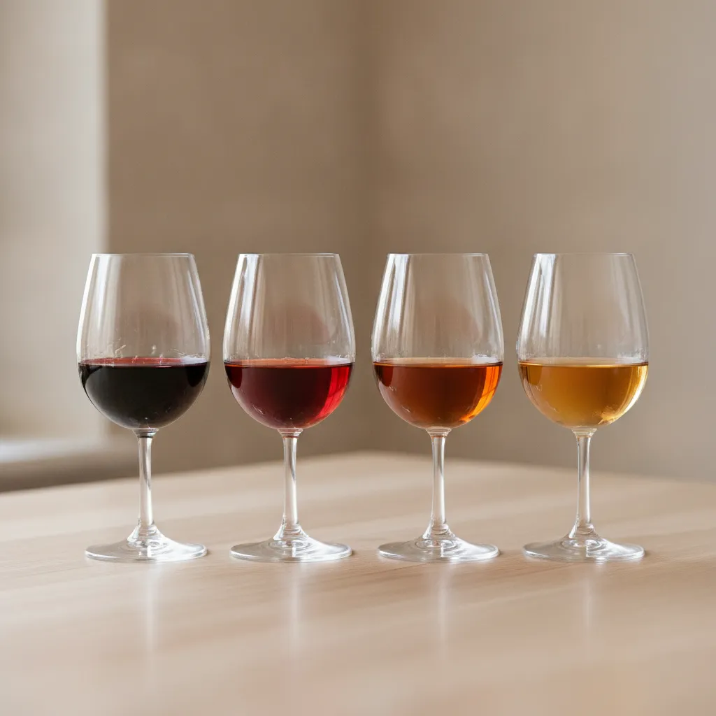 Four port wine glasses showing the colour range from deep ruby through to pale amber tawny