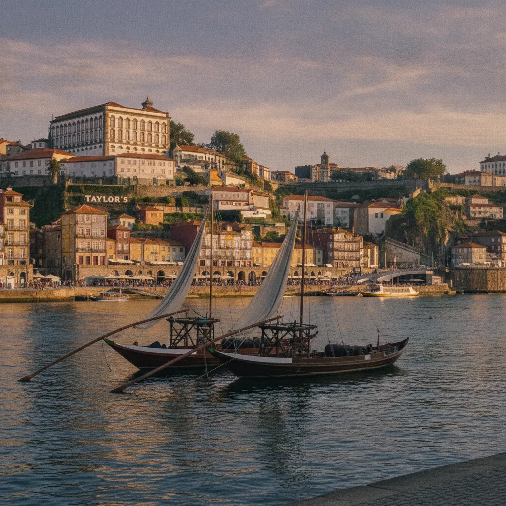 Port wine lodges on the Vila Nova de Gaia hillside above the Douro with traditional rabelo boats moored in front